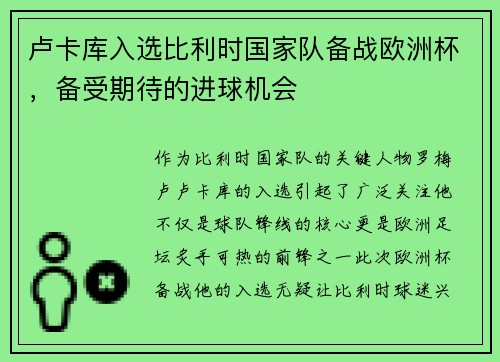 卢卡库入选比利时国家队备战欧洲杯，备受期待的进球机会